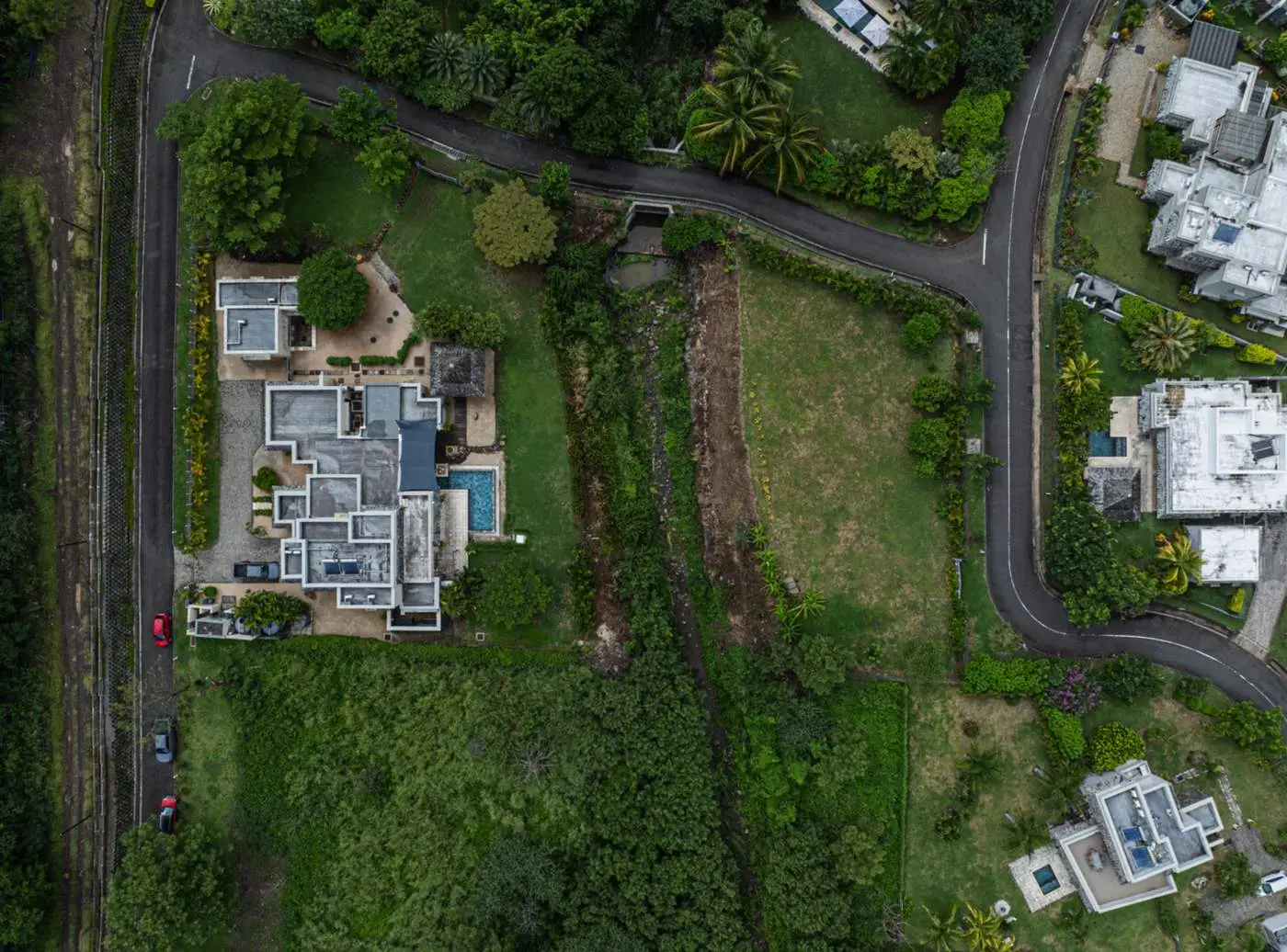 The pool and garden from above