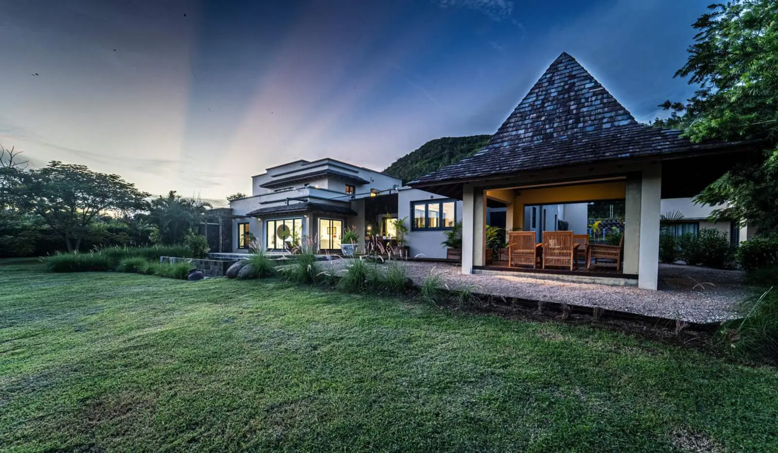 Aerial view of the villa, pool and grounds